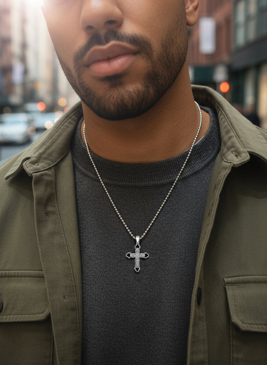 Silver Cross Necklace with Black Clover Motif 