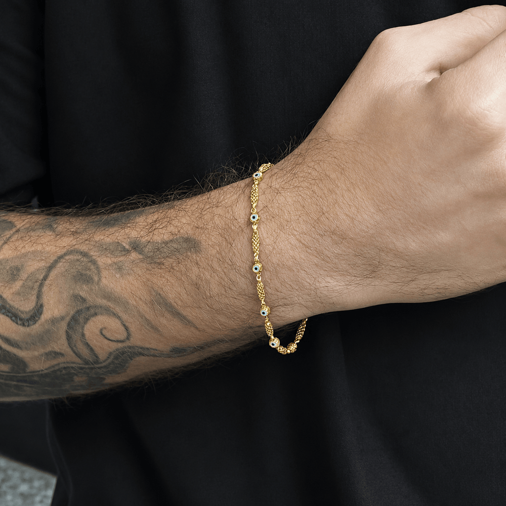 Cylindrical Knitted Evil Eye Chain Gold Plated Silver Bracelet 