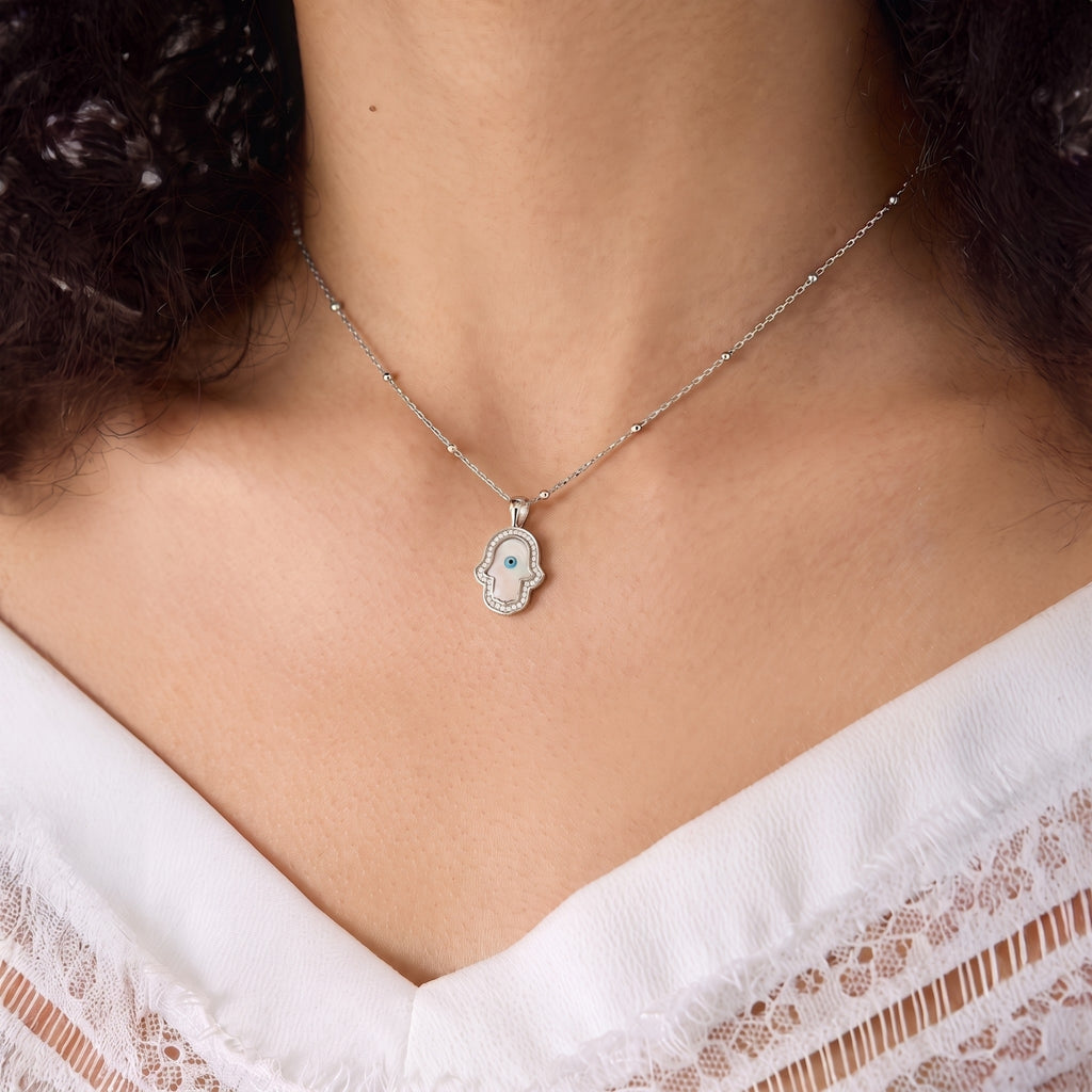 "Mini" Hand of Fatima Mother of Pearl Evil Eye Silver Necklace