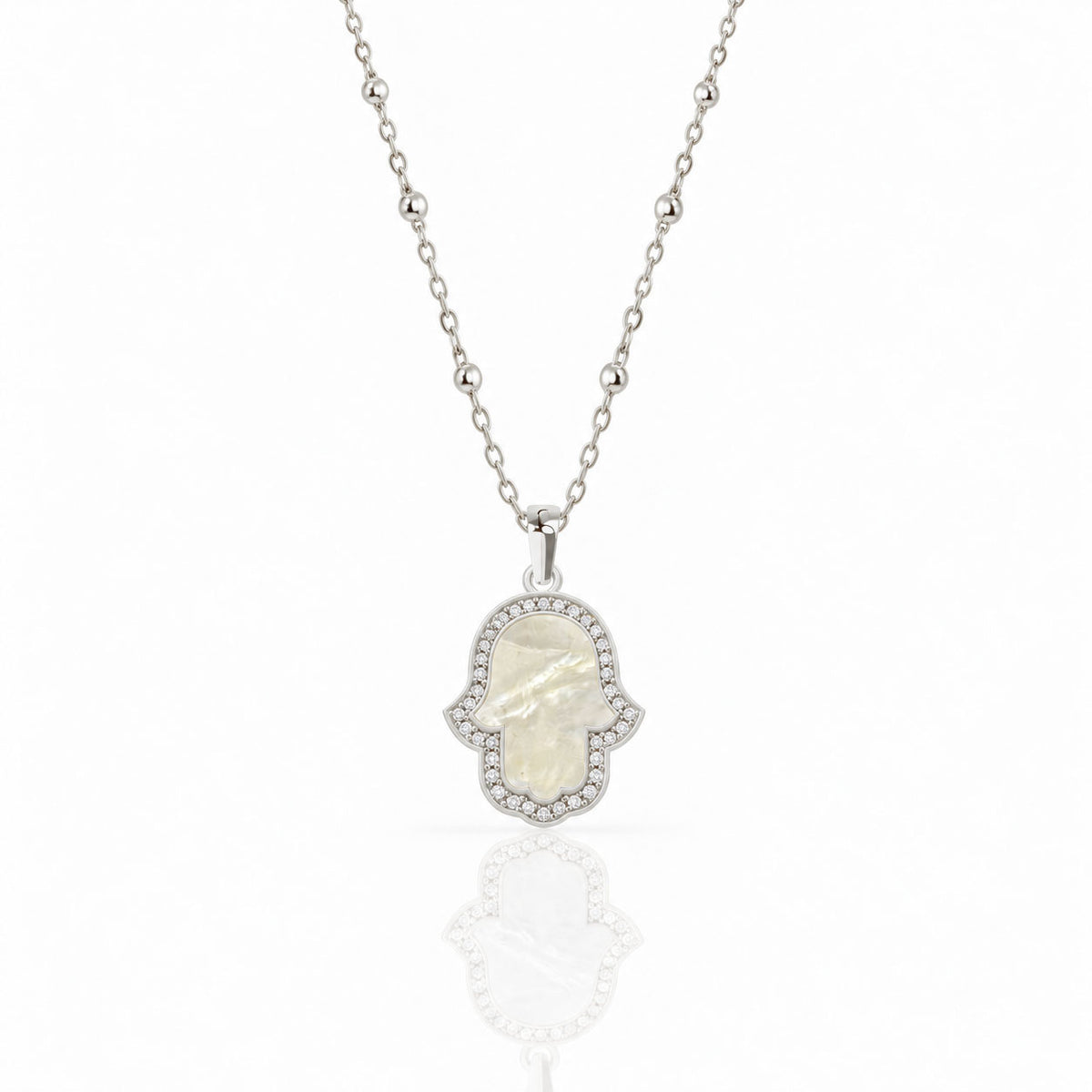 "Mini" Hand of Fatima Mother of Pearl Silver Necklace