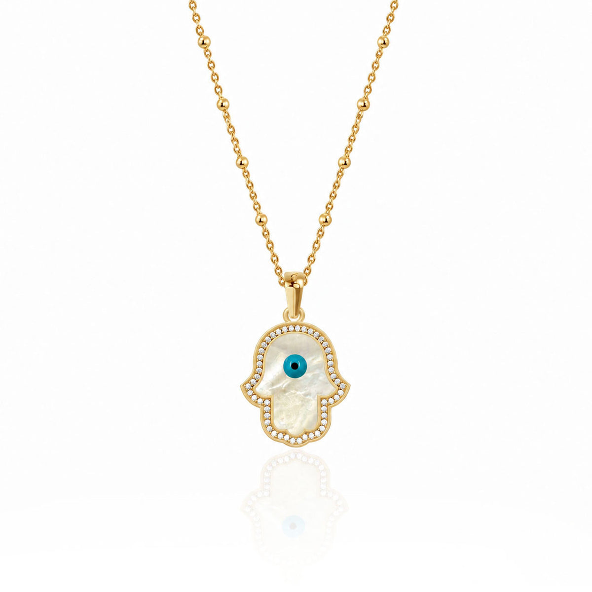 "Mini" Hand of Fatima Mother of Pearl Evil Eye Silver Necklace