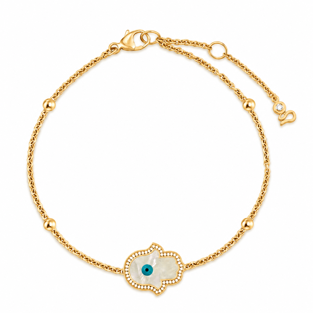 "Mini" Hand of Fatima Mother-of-Pearl Evil Eye Silver Bracelet