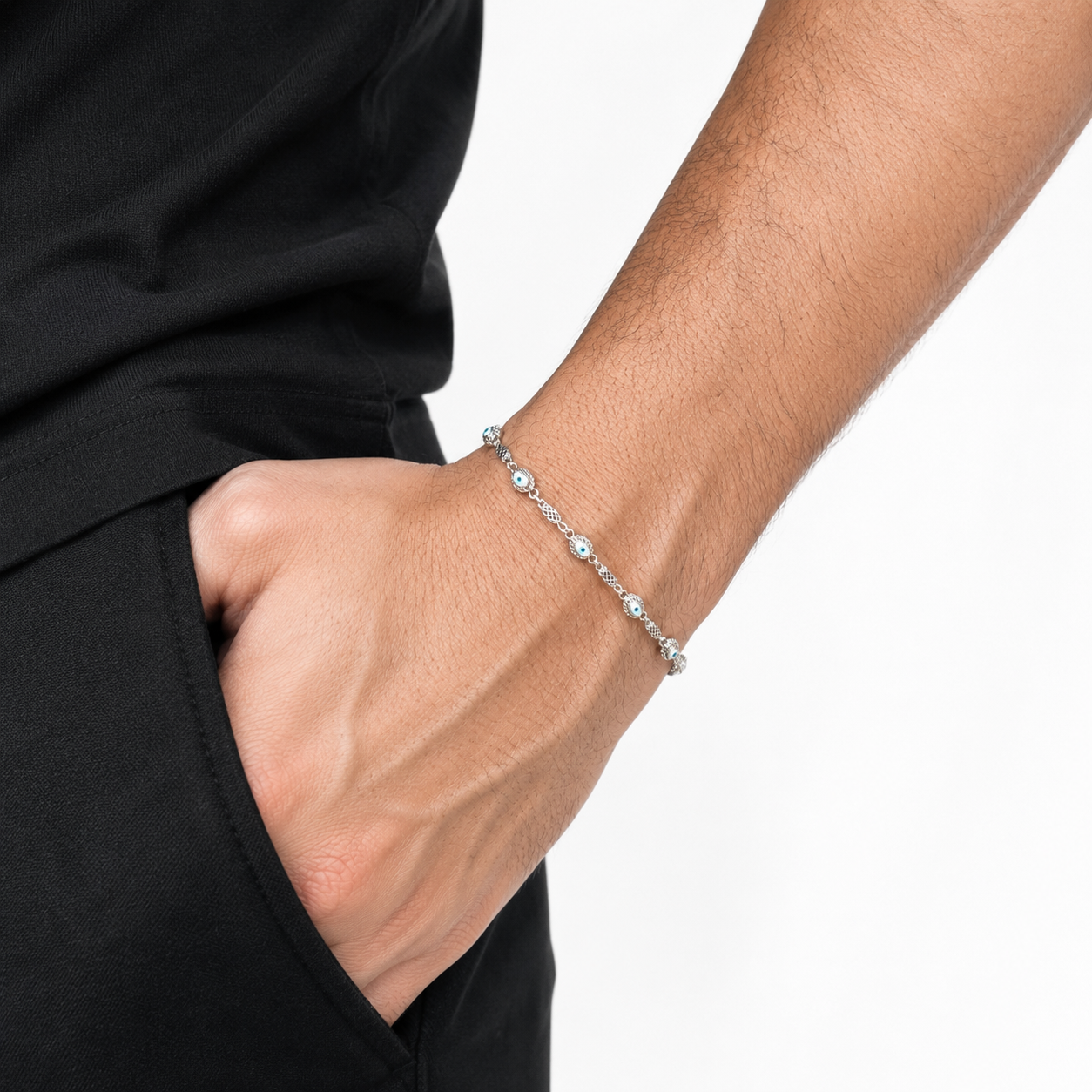 Silindir Örme Markiz Nazar Chain Gümüş Bileklik