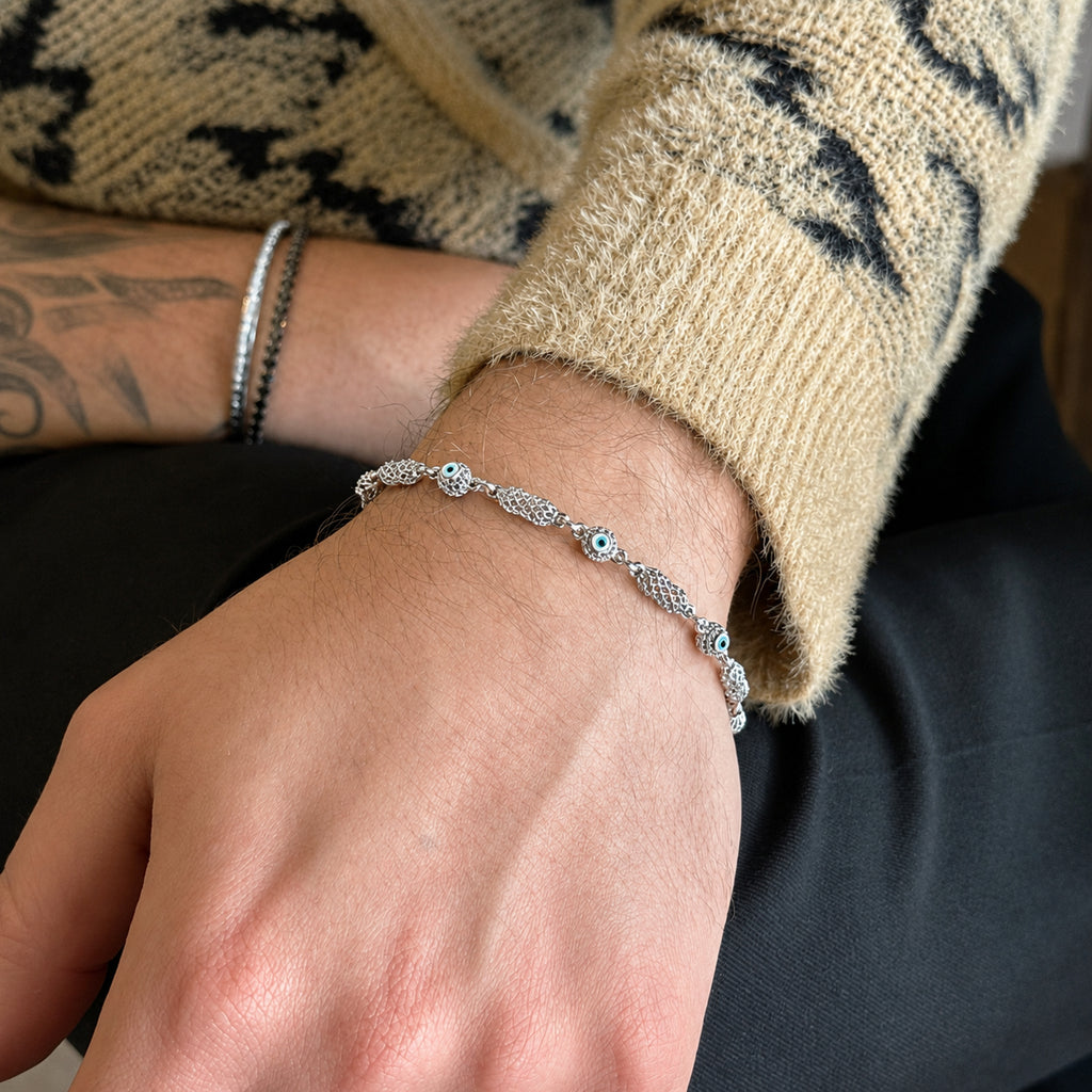 Cylindrical Knitted Thick Evil Eye Chain Silver Bracelet