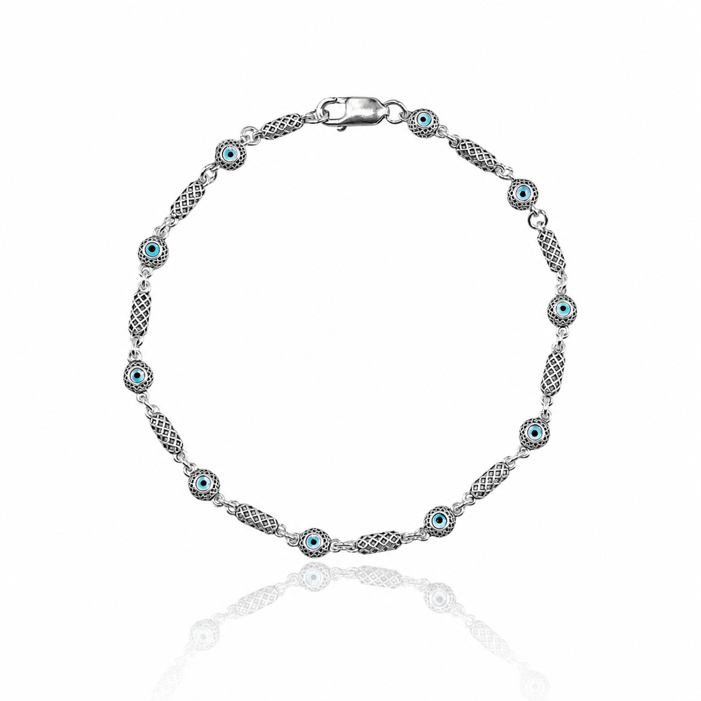Cylinder Knitted Evil Eye Chain Silver Bracelet 