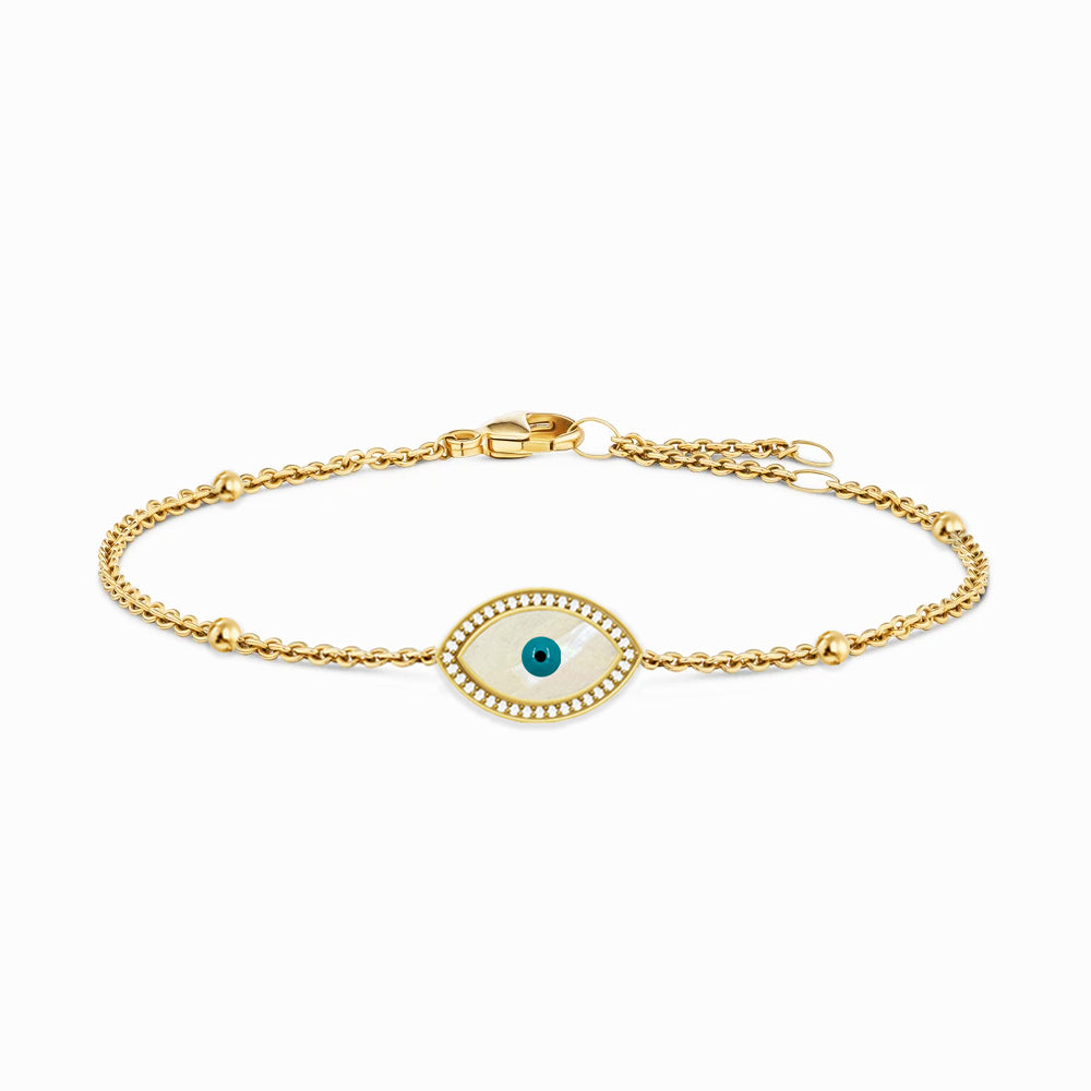 "Mini" Marquise Mother of Pearl Evil Eye Silver Bracelet