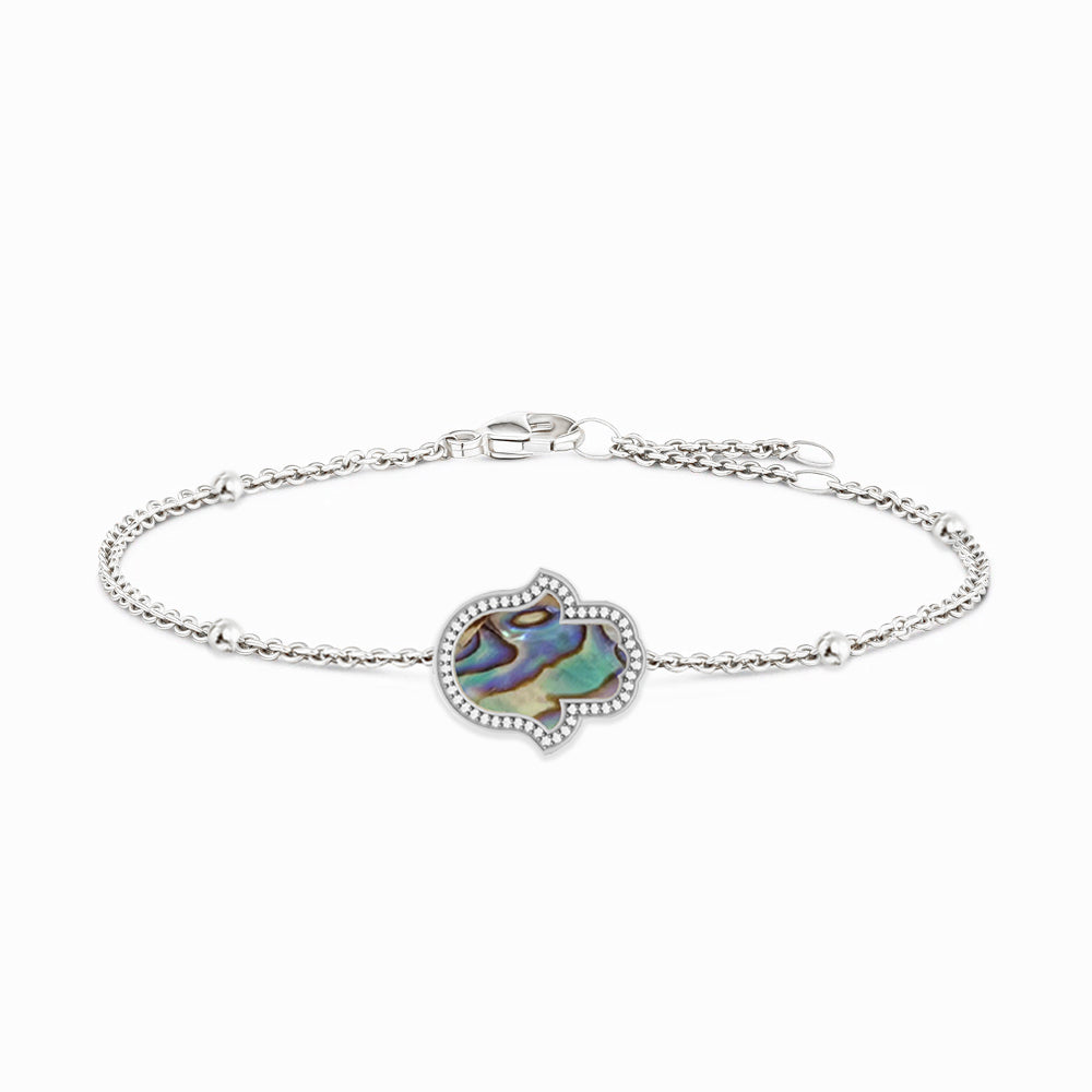 "Mini" Hamsa Hand Ocean Mother of Pearl Silver Bracelet