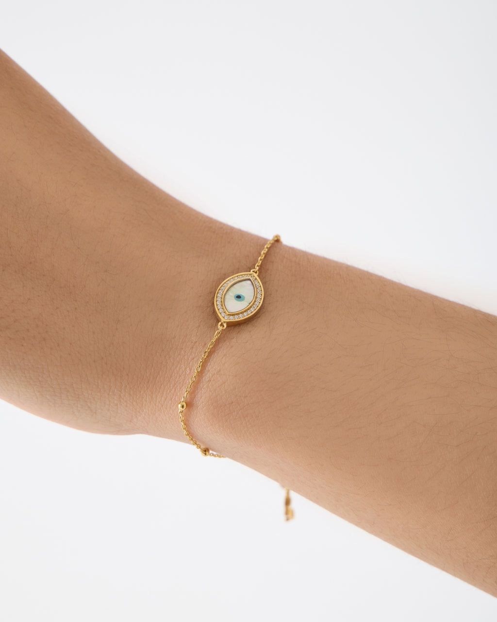 "Mini" Marquise Mother of Pearl Evil Eye Silver Bracelet
