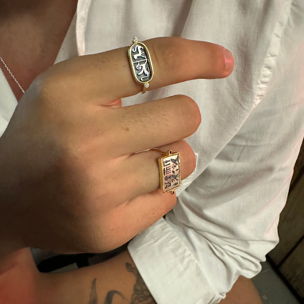 Mixed Egyptian Hieroglyph Gold Plated & Oxidized Ring