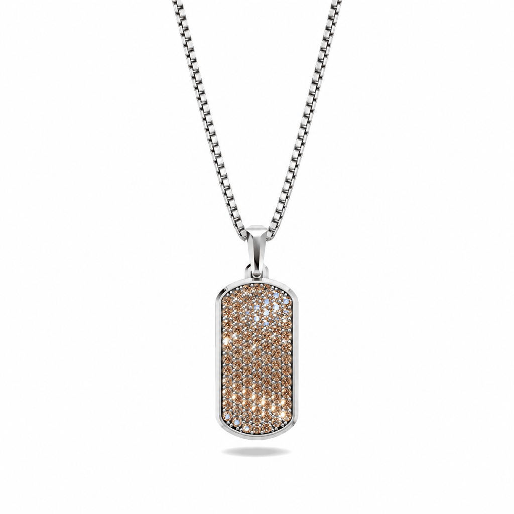 Cognac Small Frame Pavé Tag Silver Necklace