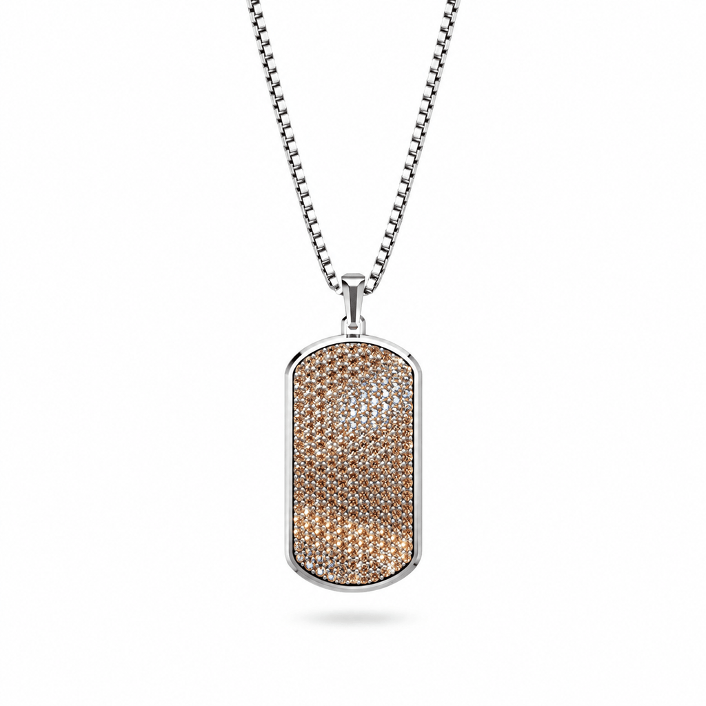 Cognac Big Frame Pavé Tag Silver Necklace