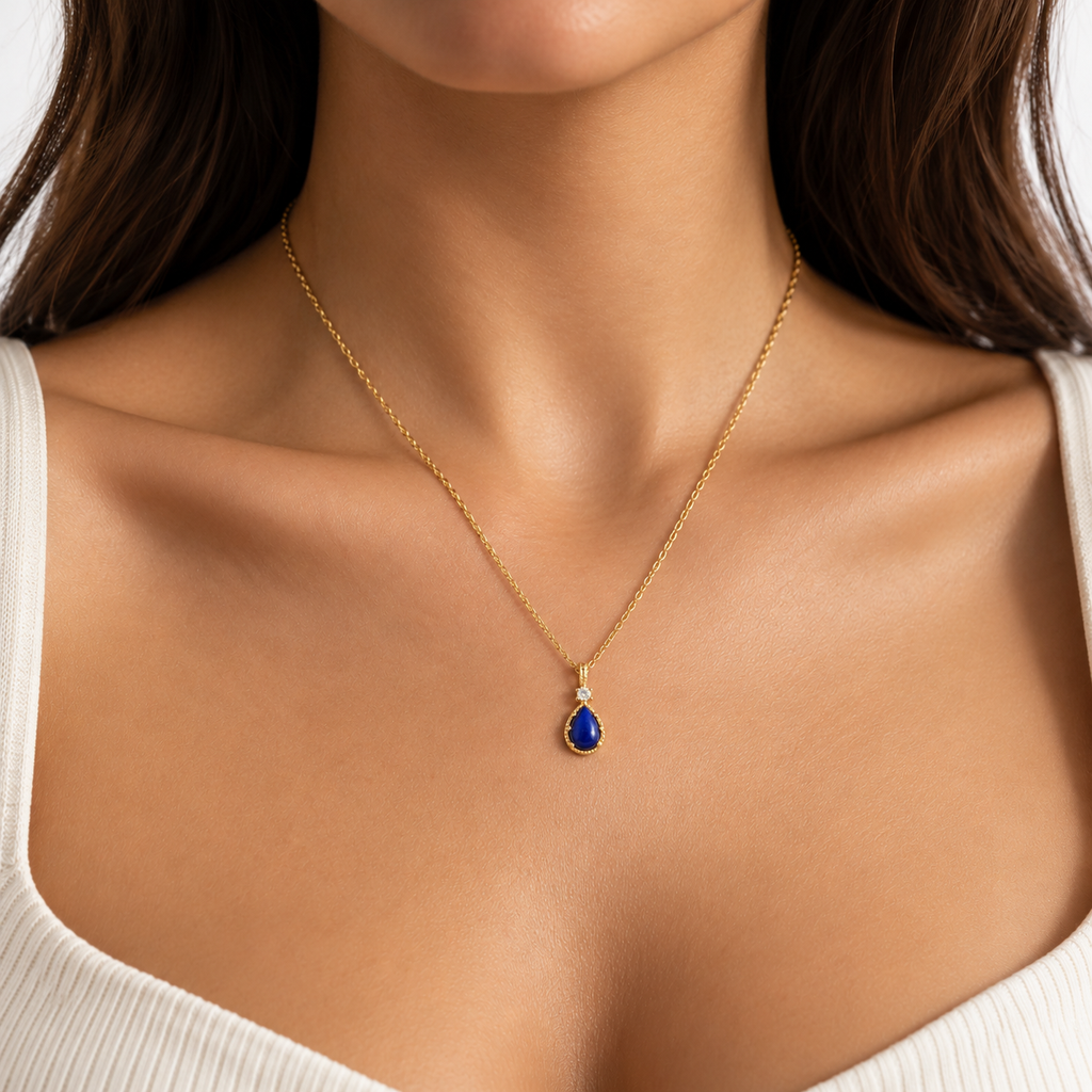 Lapis Lazuli Drop Gold Plated Silver Necklace 