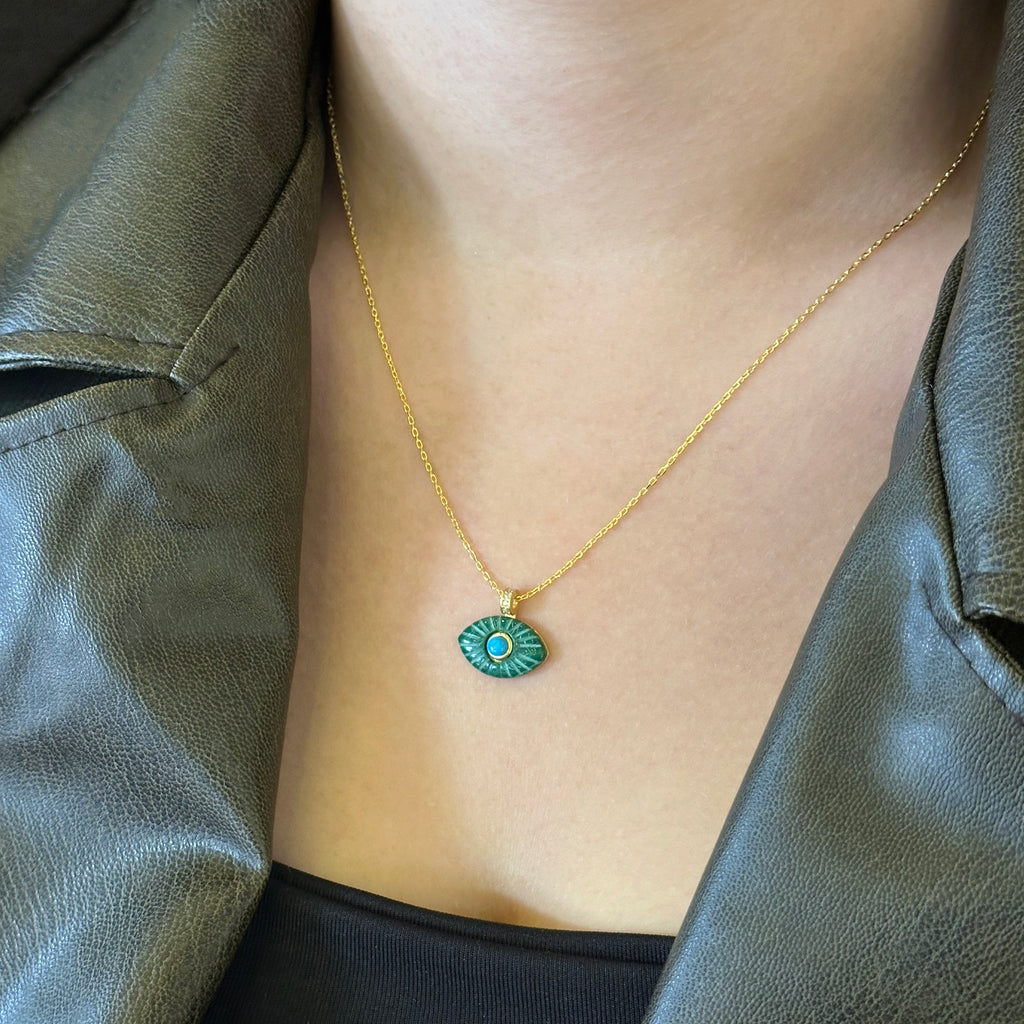 Green Pearl Eye Gold Plated Silver Necklace 