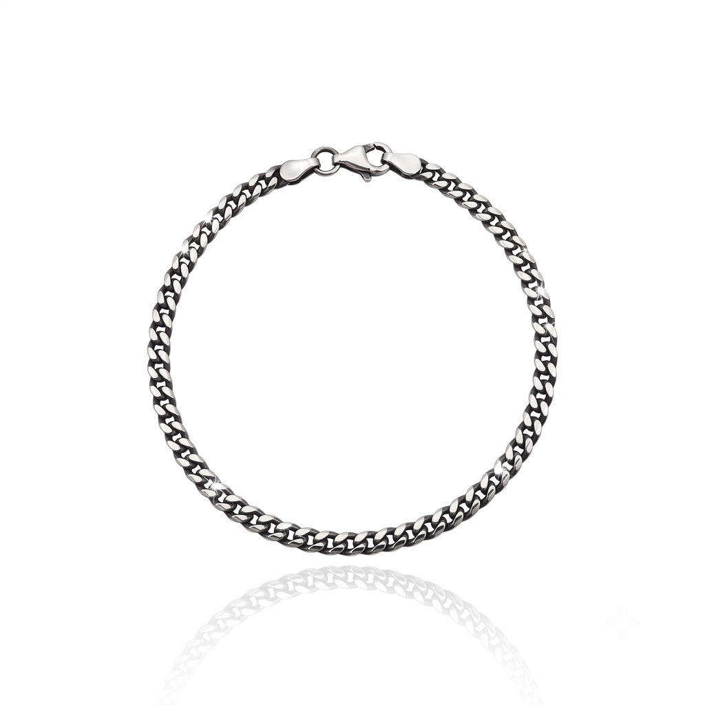 GJ Curb Chain Thin Oksitli Gümüş Bileklik