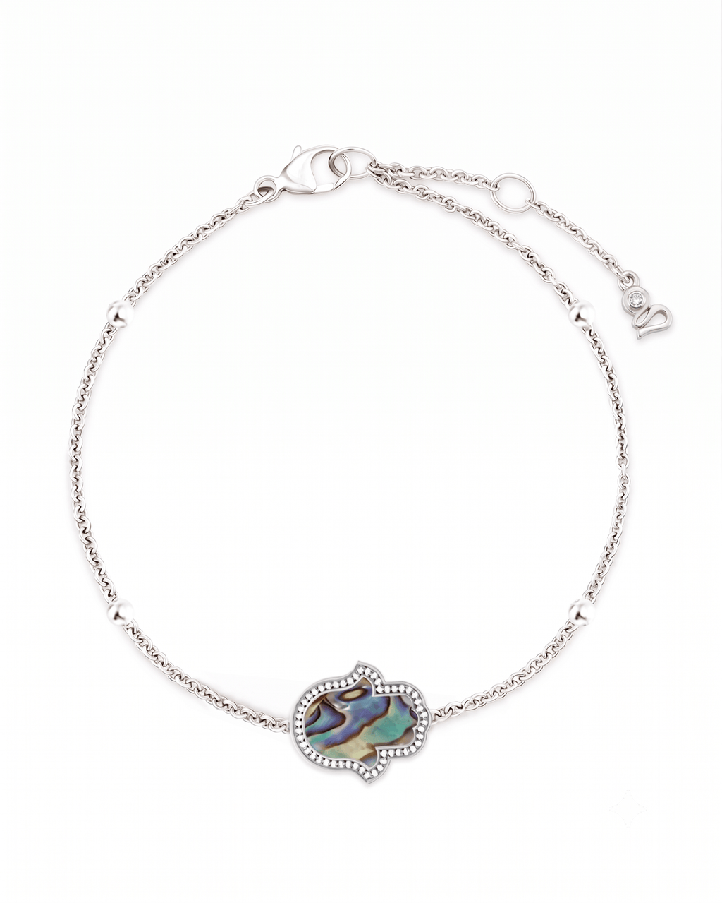 "Mini" Hamsa Hand Ocean Mother of Pearl Silver Bracelet
