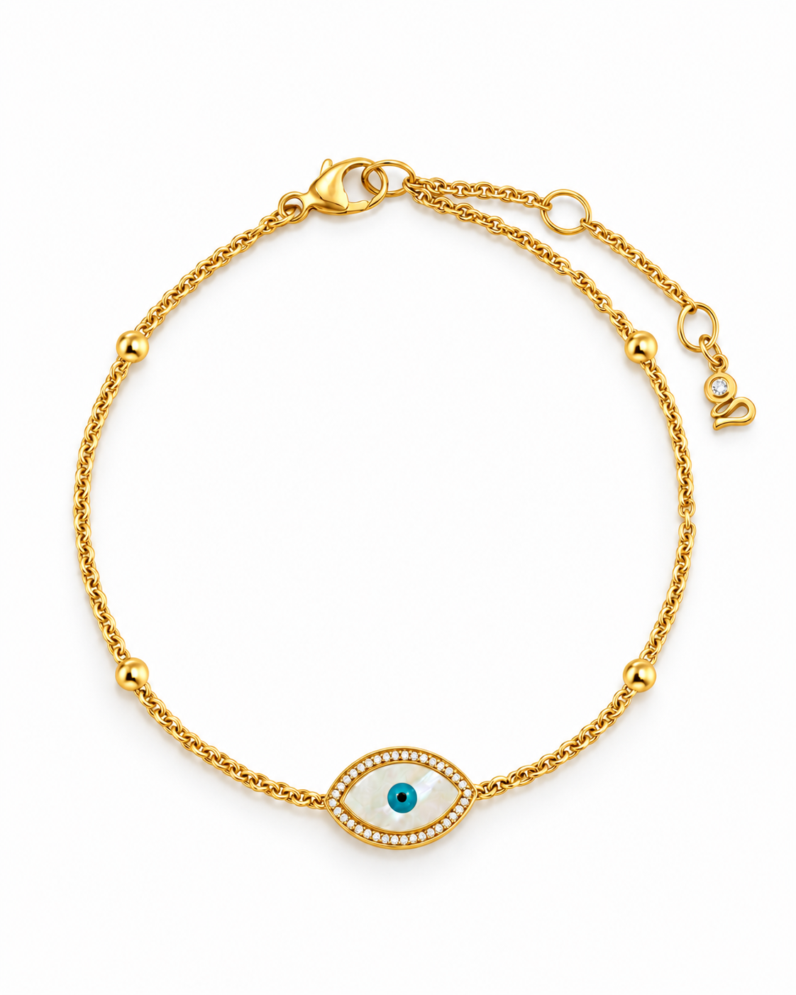 "Mini" Marquise Mother of Pearl Evil Eye Silver Bracelet