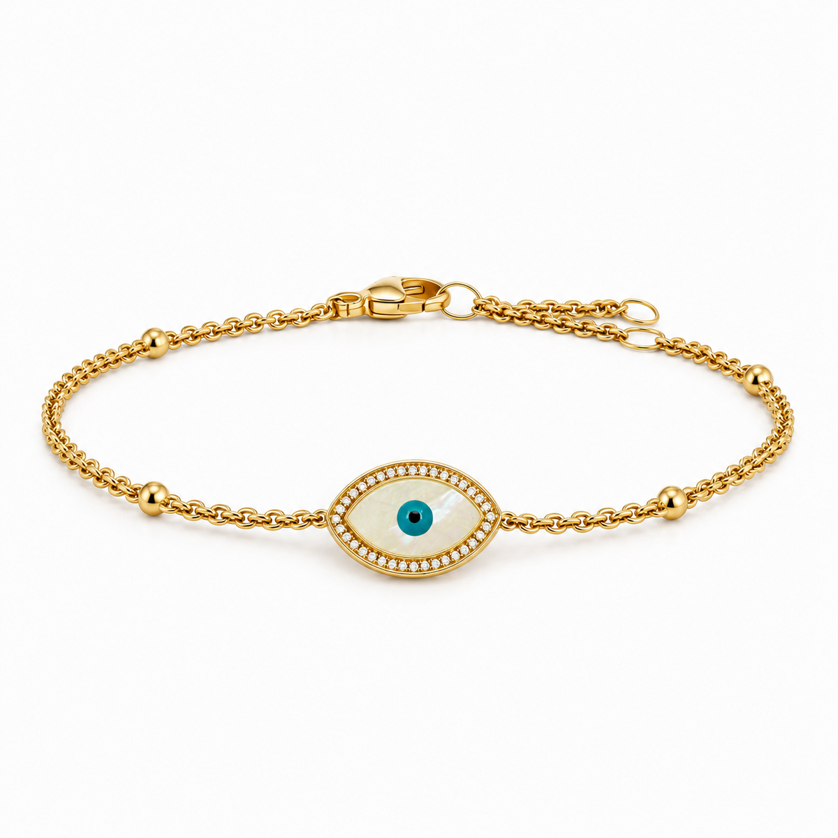 "Mini" Marquise Mother of Pearl Evil Eye Silver Bracelet