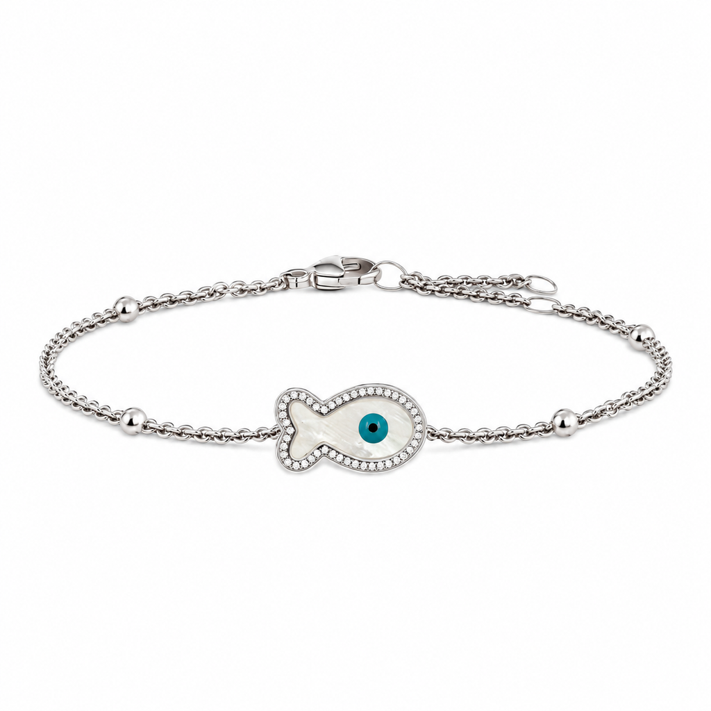 "Mini" Fish Mother-of-pearl Evil Eye Silver Bracelet