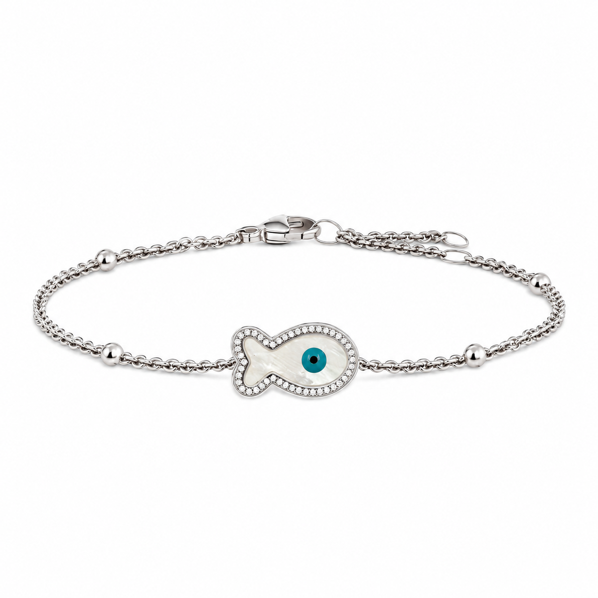 "Mini" Fish Mother-of-pearl Evil Eye Silver Bracelet