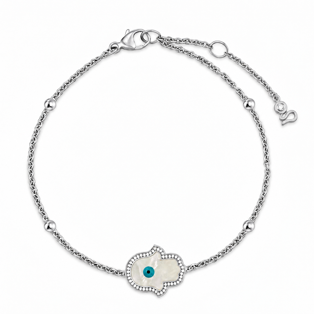 "Mini" Hand of Fatima Mother-of-Pearl Evil Eye Silver Bracelet