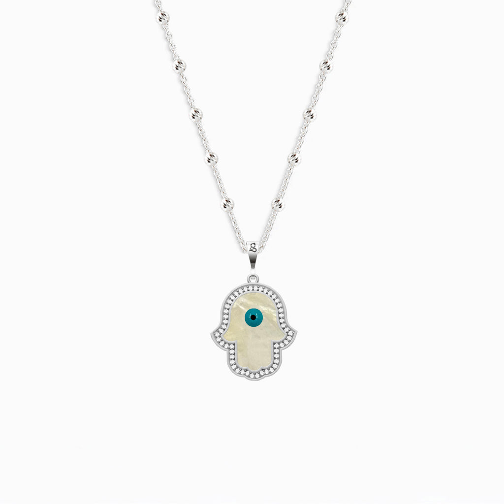 Fatima's Hand Mother-of-Pearl Eye Silver Necklace