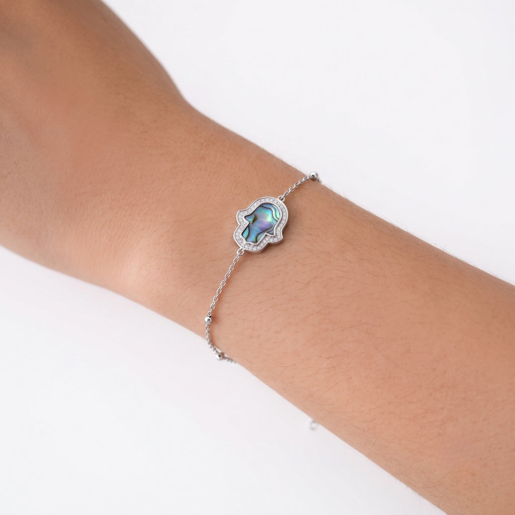 "Mini" Hamsa Hand Ocean Mother of Pearl Silver Bracelet