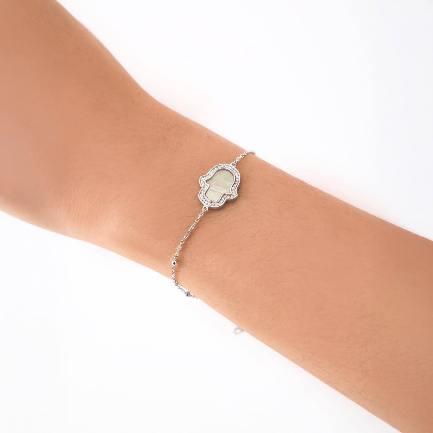 "Mini" Hamsa Hand Mother-of-Pearl Silver Bracelet