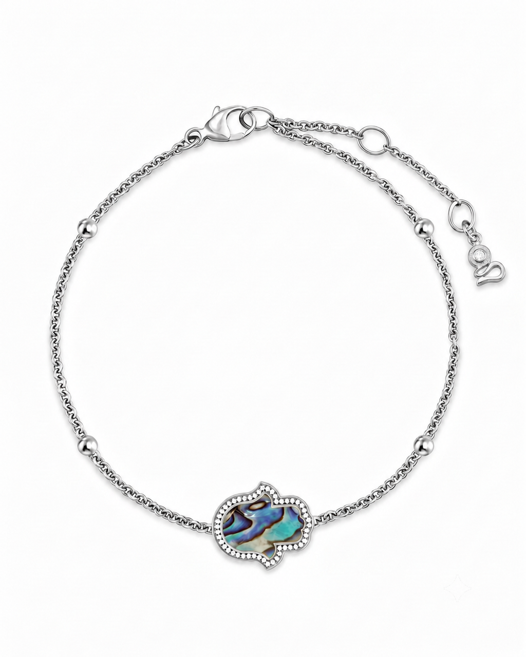 "Mini" Hamsa Hand Ocean Mother of Pearl Silver Bracelet