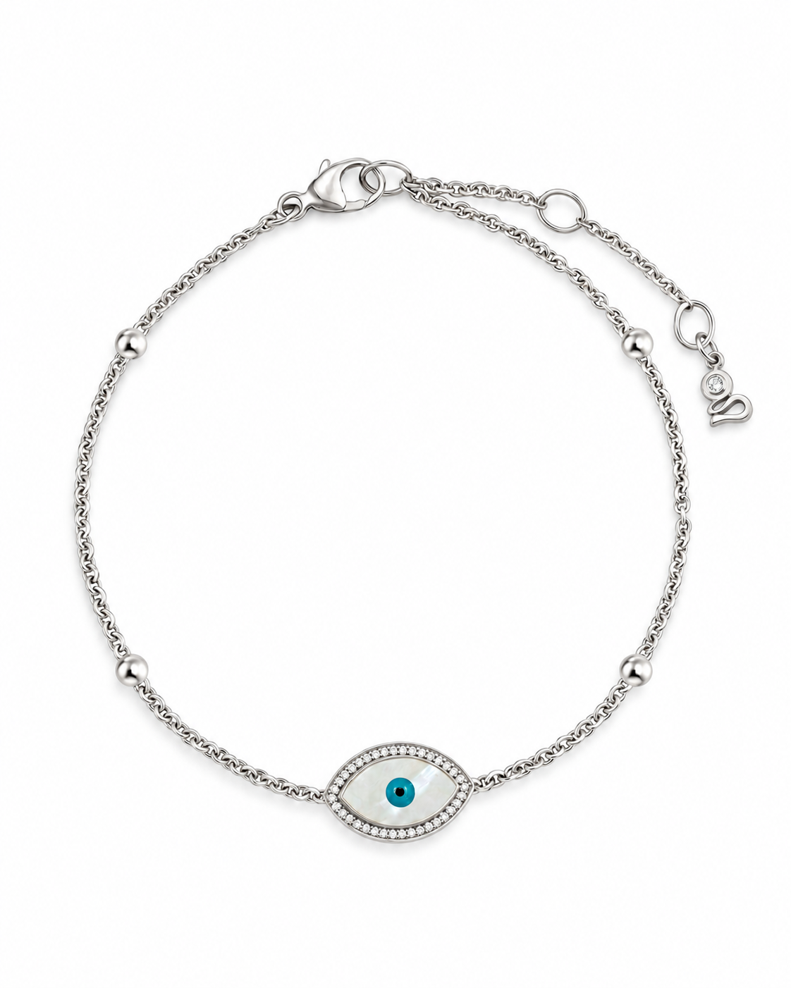"Mini" Marquise Mother of Pearl Evil Eye Silver Bracelet