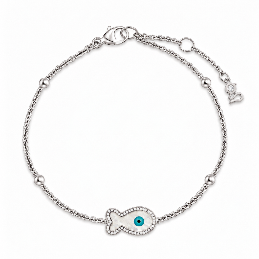 "Mini" Fish Mother-of-pearl Evil Eye Silver Bracelet