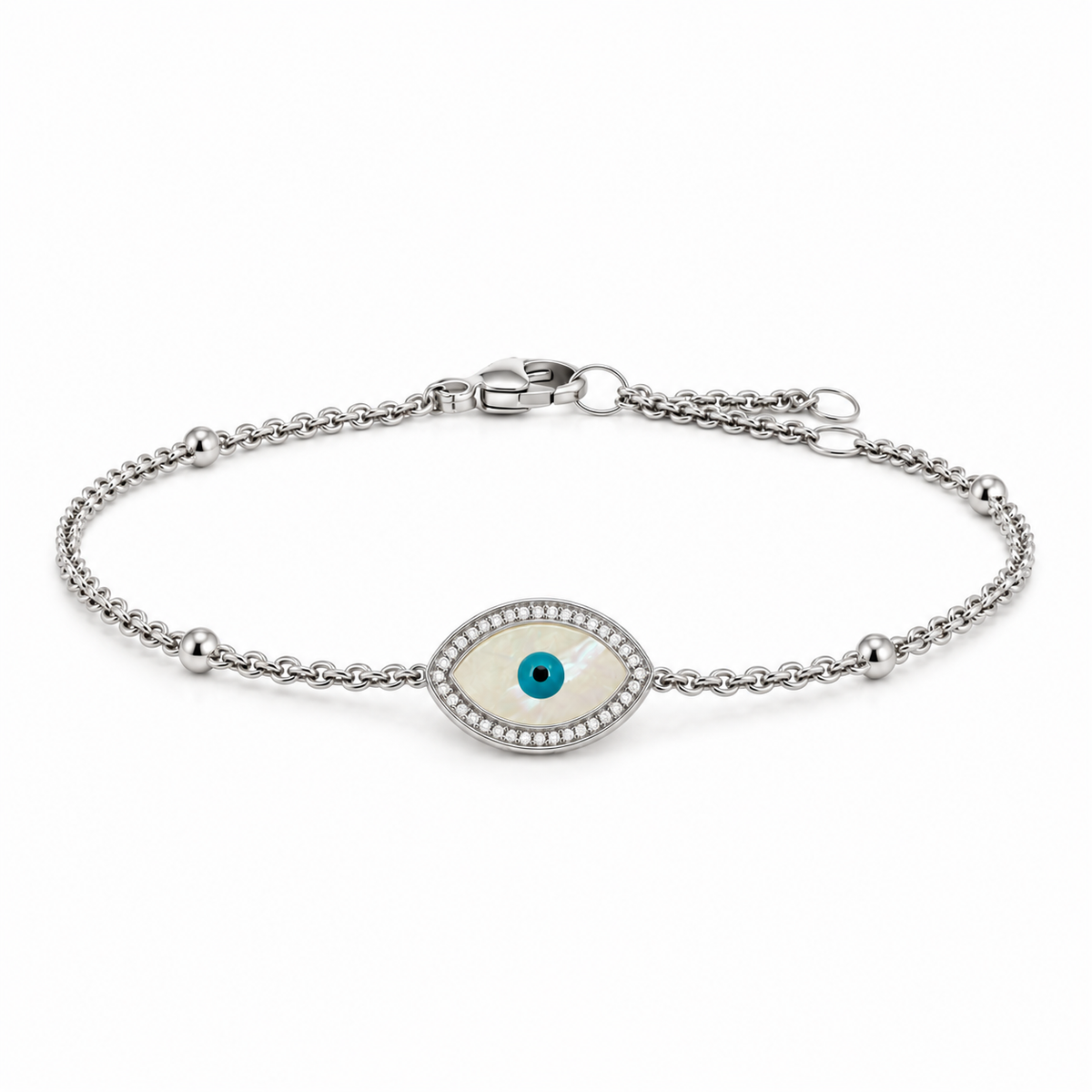 "Mini" Marquise Mother of Pearl Evil Eye Silver Bracelet