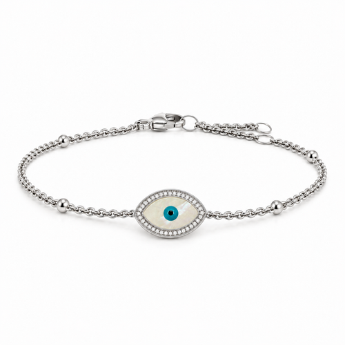 "Mini" Marquise Mother of Pearl Evil Eye Silver Bracelet