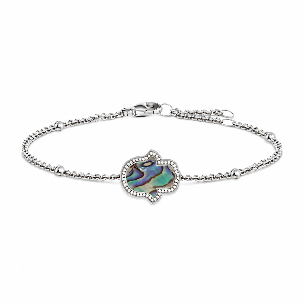 "Mini" Hamsa Hand Ocean Mother of Pearl Silver Bracelet