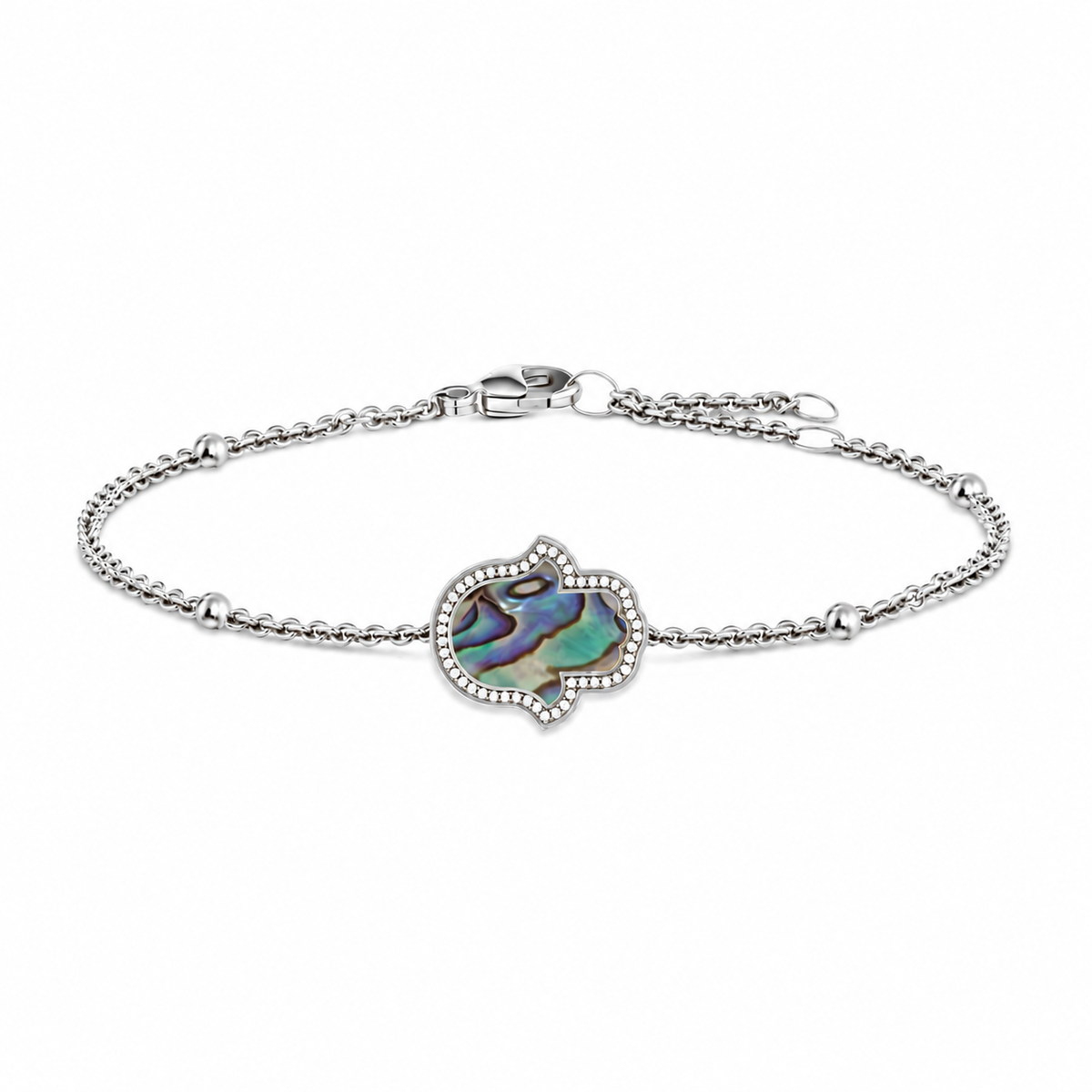 "Mini" Hamsa Hand Ocean Mother of Pearl Silver Bracelet