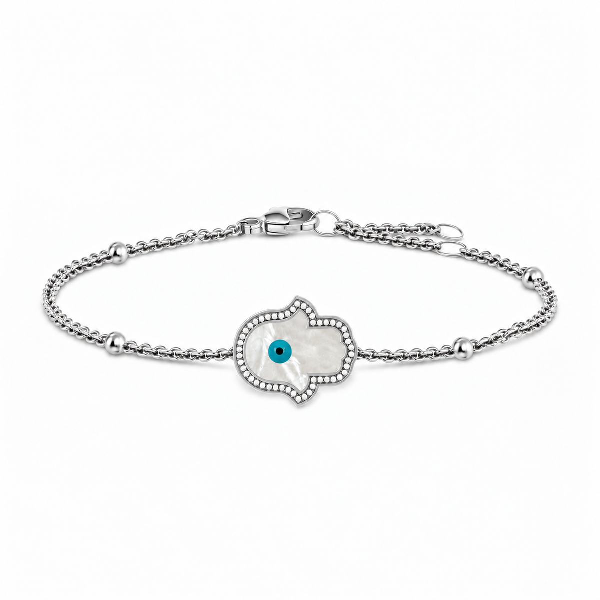 "Mini" Hand of Fatima Mother-of-Pearl Evil Eye Silver Bracelet