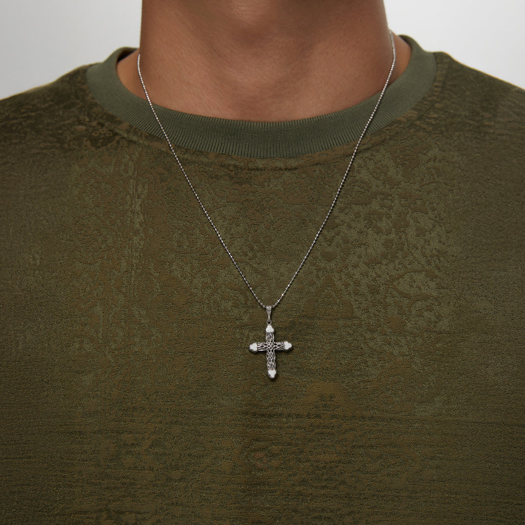 Silver Cross Necklace with White Clover Motif 