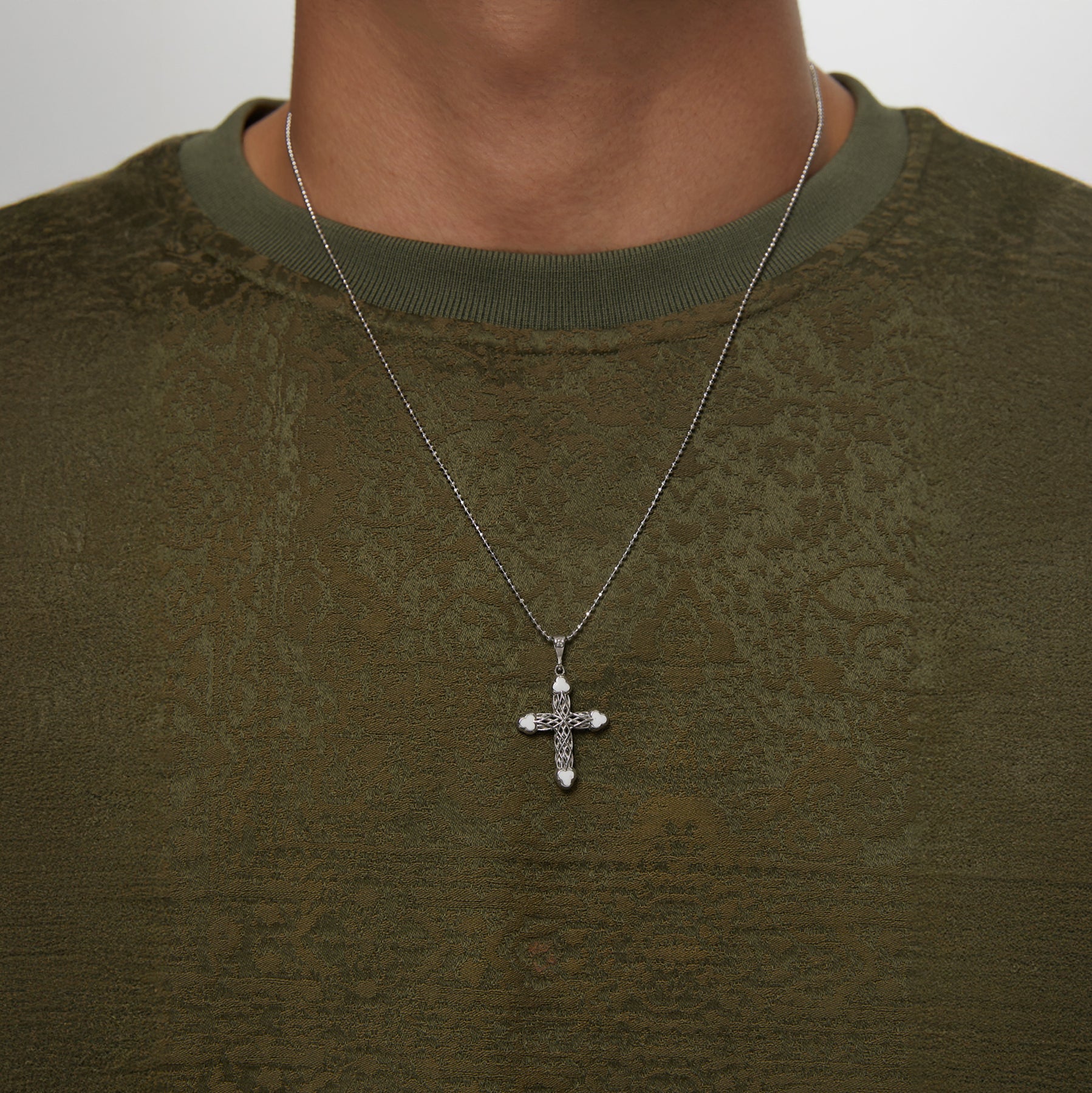 Silver Cross Necklace with White Clover Motif 