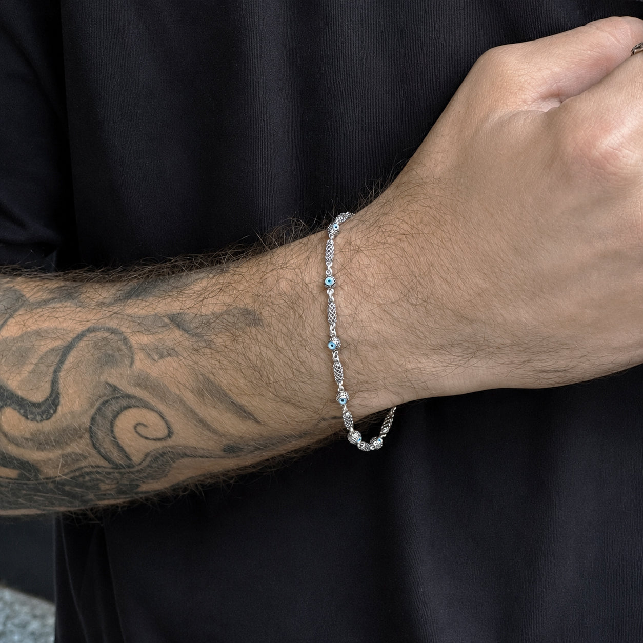 Silindir Örme Nazar Chain Gümüş Bileklik