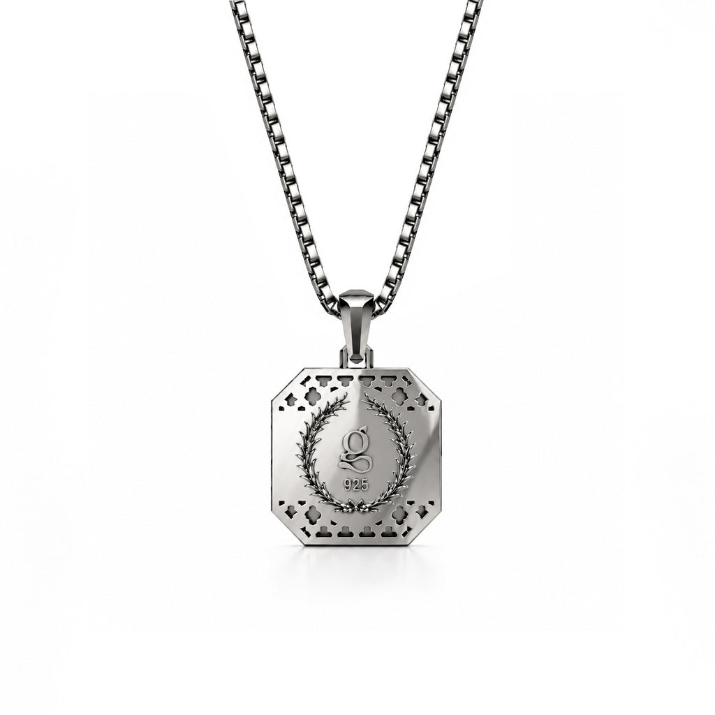 Initial Square Frame Black Rhodium Silver Necklace