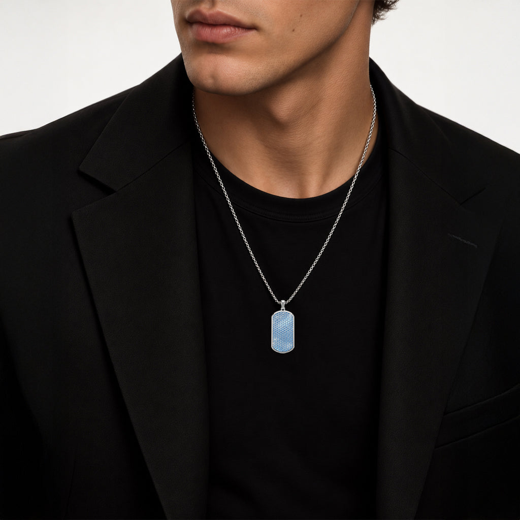 Azure Big Frame Pavé Tag Silver Necklace