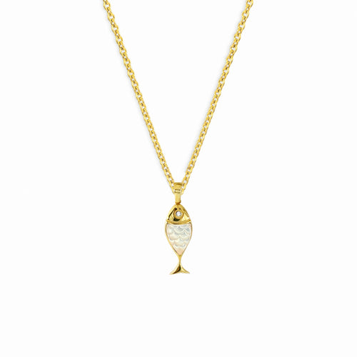 Fish Green Mother-of-Pearl Stone Gold Plated Silver Necklace 
