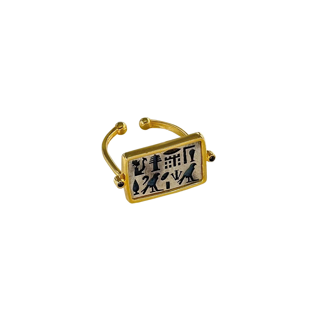 Mixed Egyptian Hieroglyph Gold Plated & Oxidized Ring