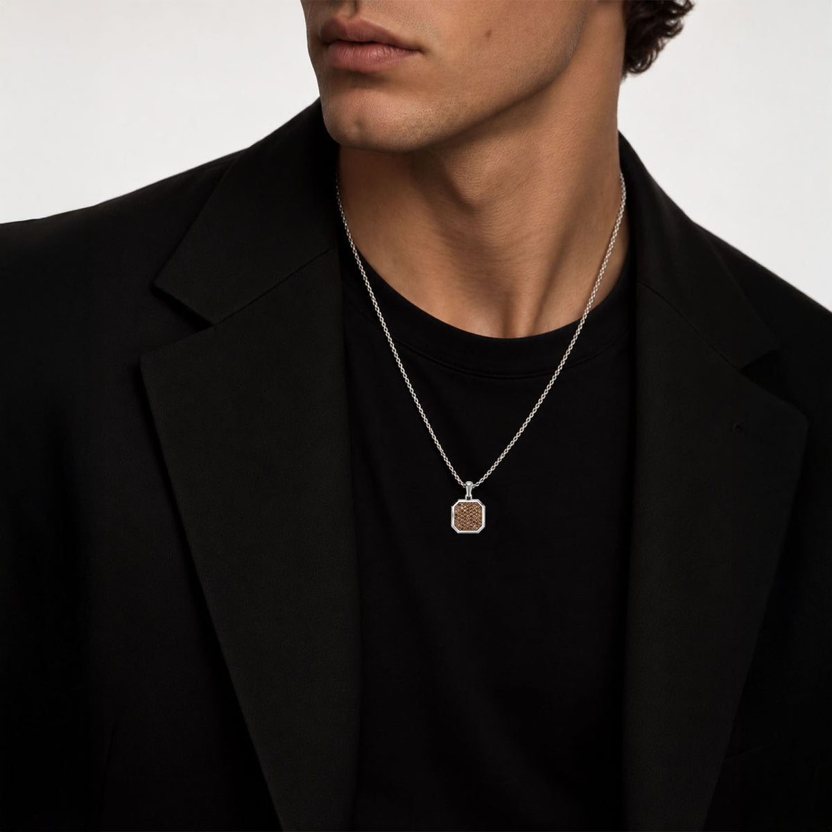 Cognac Square Frame Pavé Silver Necklace