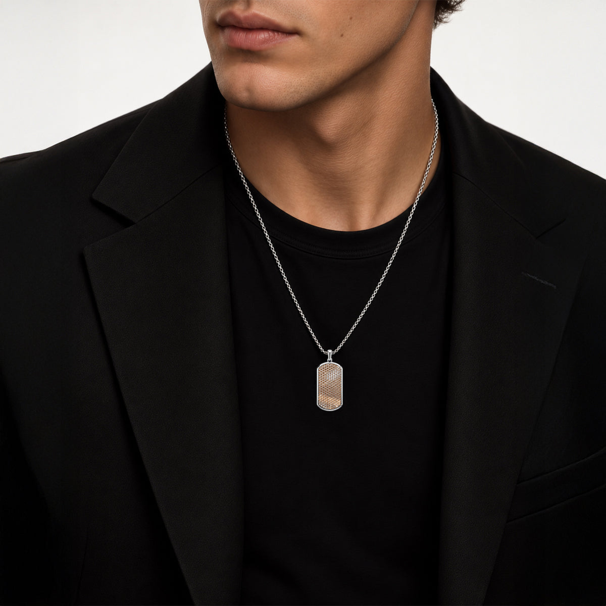Cognac Big Frame Pavé Tag Silver Necklace