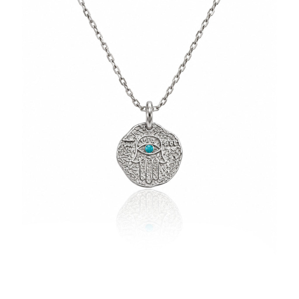 Fatima's Hand Silver Necklace with Turquoise Stone 