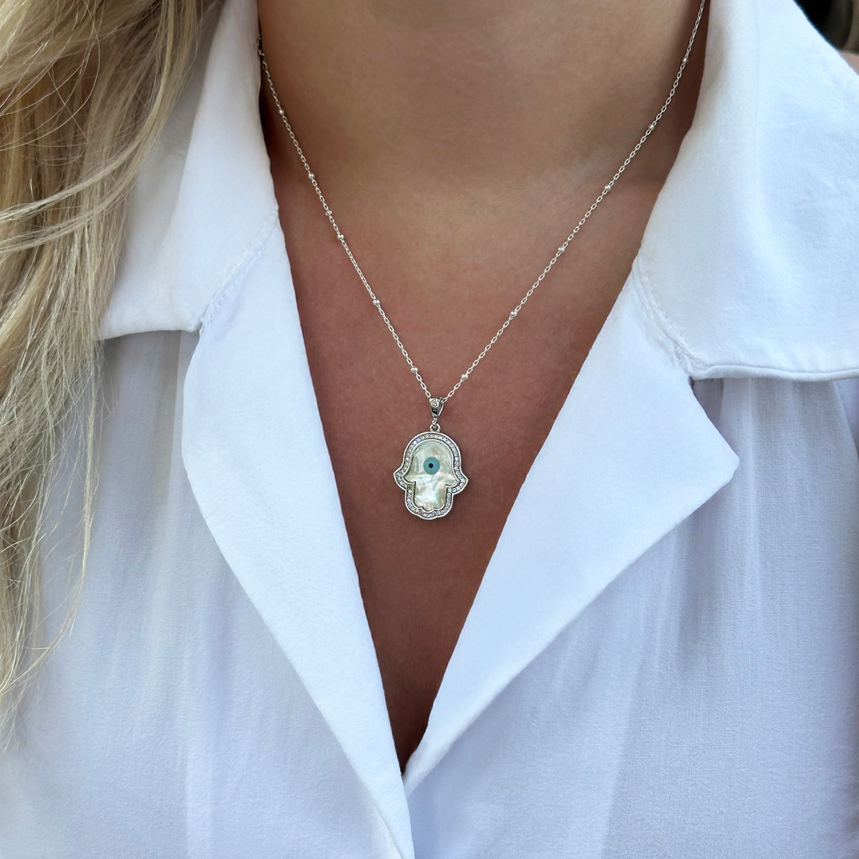 Fatima's Hand Mother-of-Pearl Eye Silver Necklace