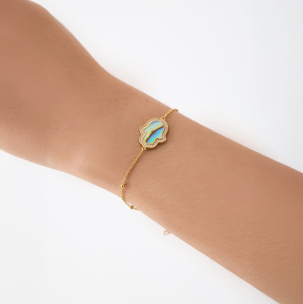 "Mini" Hamsa Hand Ocean Mother of Pearl Silver Bracelet