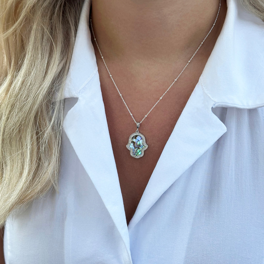 Fatima's Hand Ocean Pearl Silver Necklace