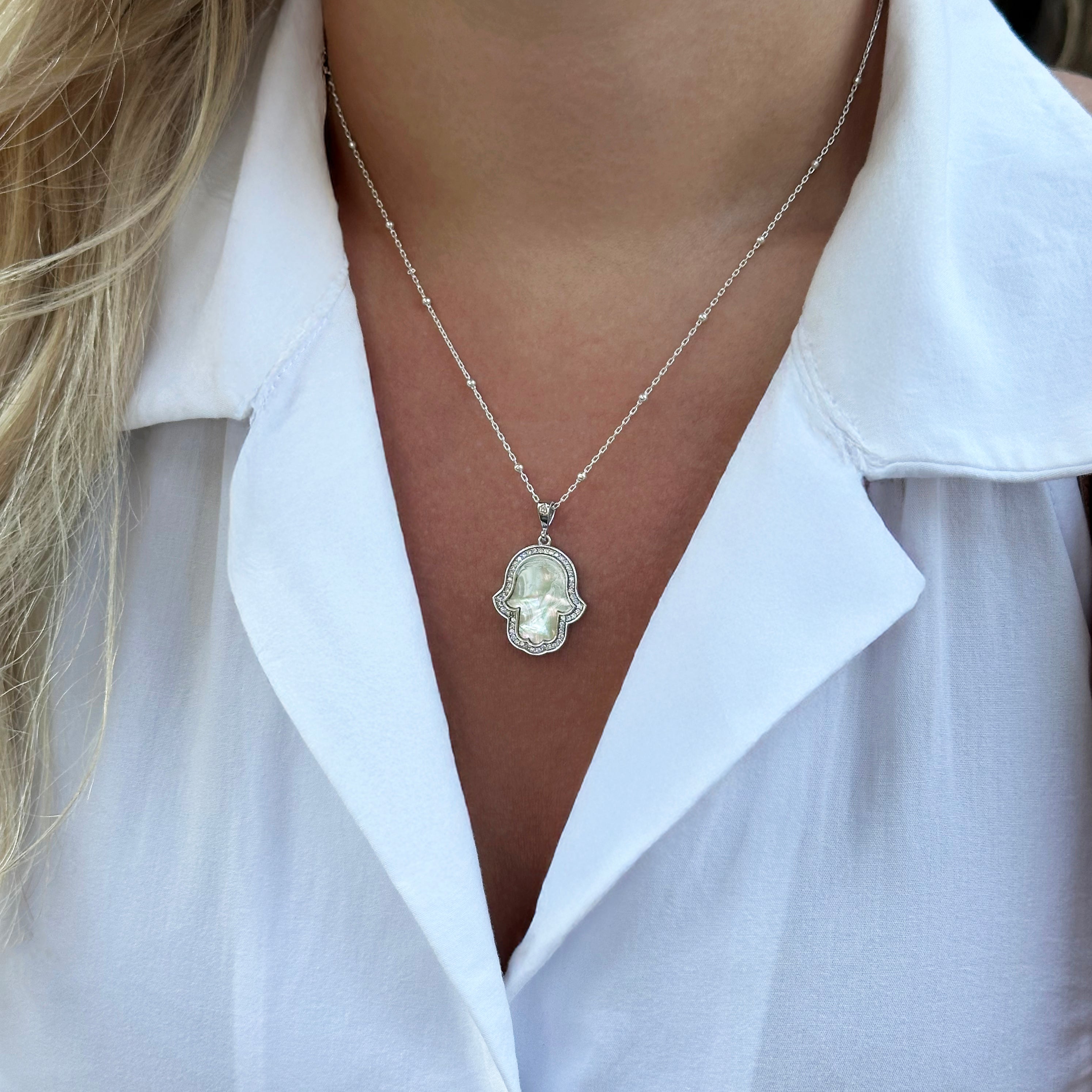 Fatima's Hand Mother-of-Pearl Silver Necklace