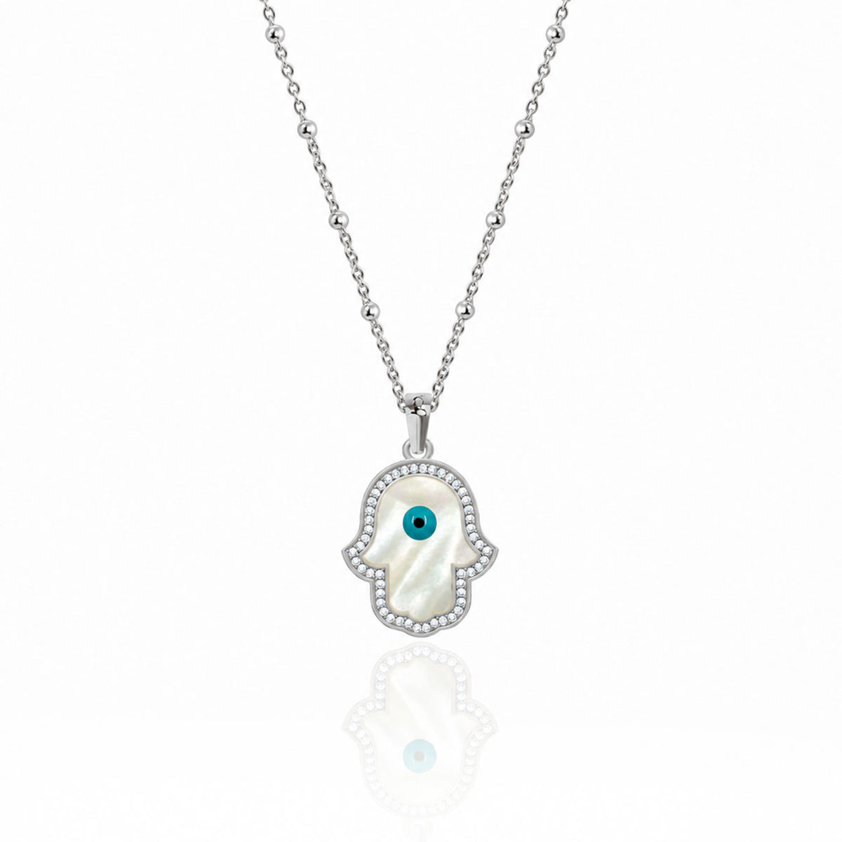 "Mini" Hand of Fatima Mother of Pearl Evil Eye Silver Necklace